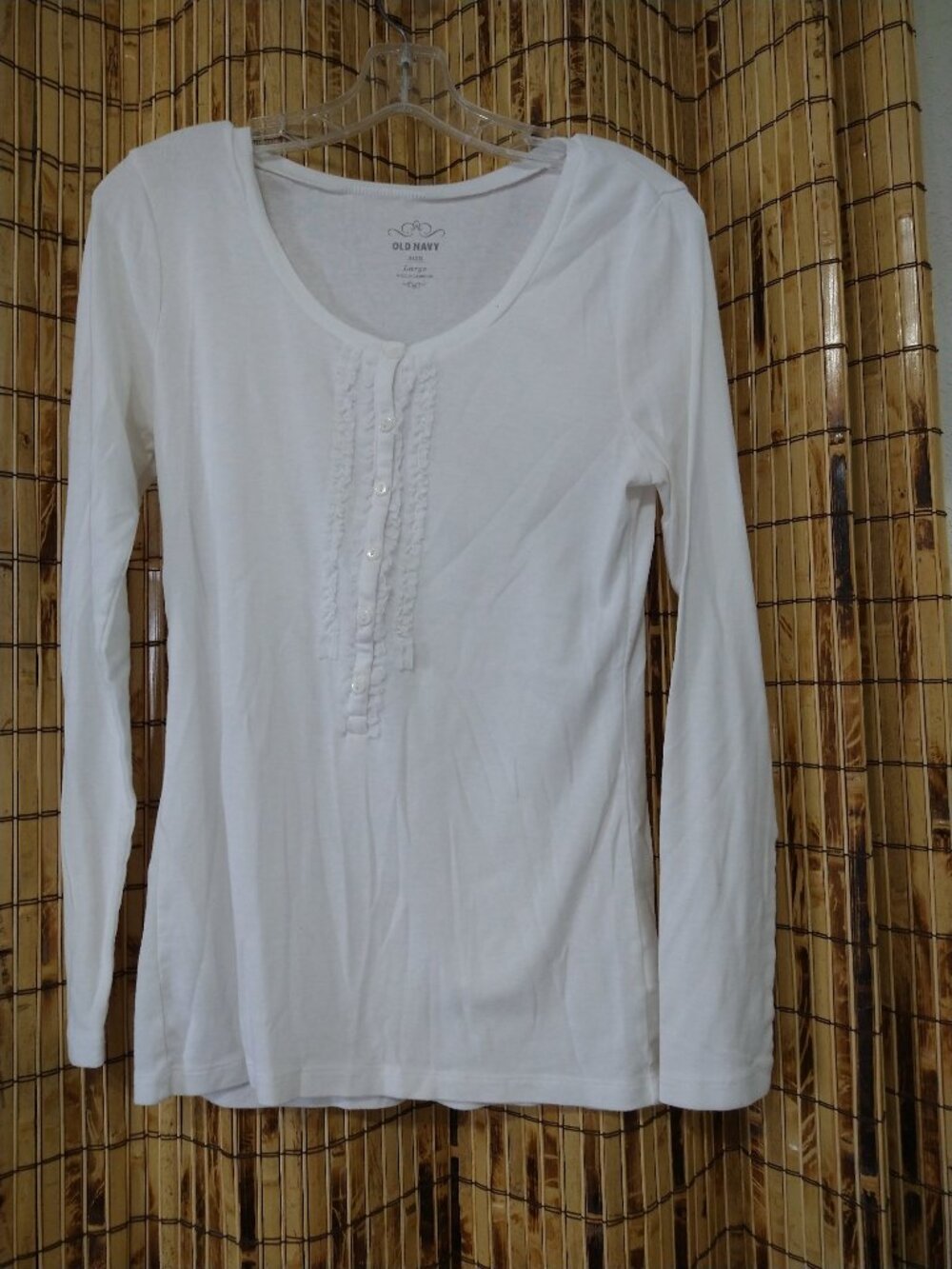 Old Navy White Long Sleeve Ruffle Trim Henley Top Size Large